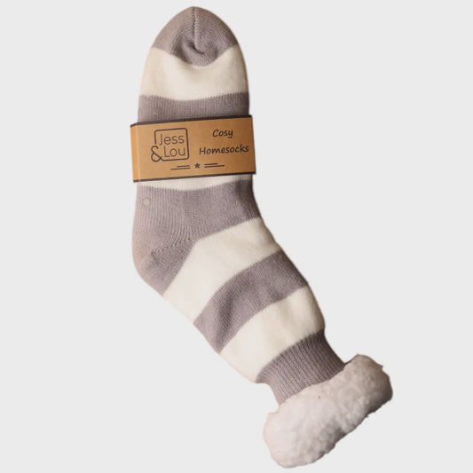 Grey & White Stripe Fleece Lined Slipper Socks SL744