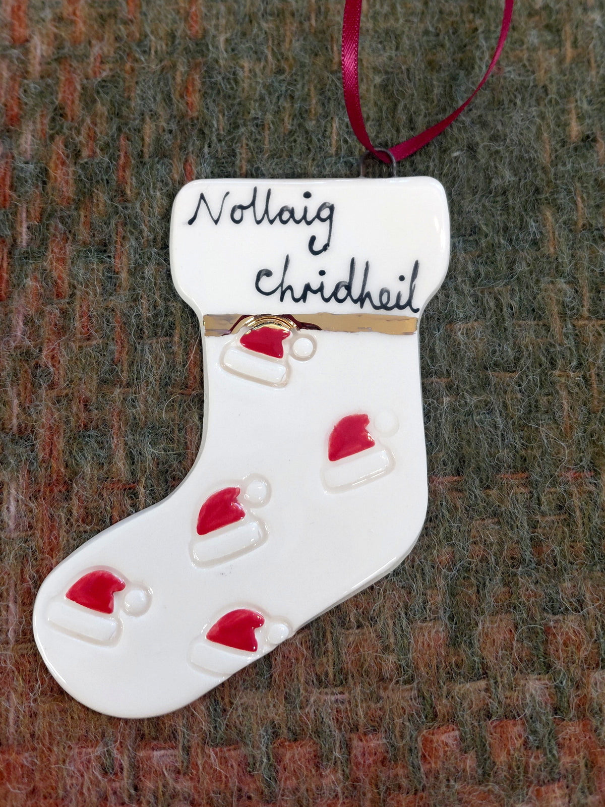 Ceramic Stocking Christmas Decoration - Nollaig Chridheil